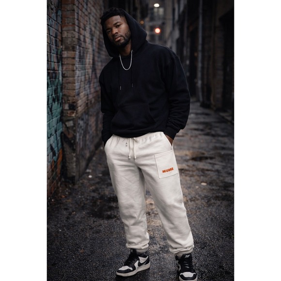 My Muse Other - My Muse White Sweatpants XL Joggers‎ Drawstring Fleece Lounge Pants Orange Logo